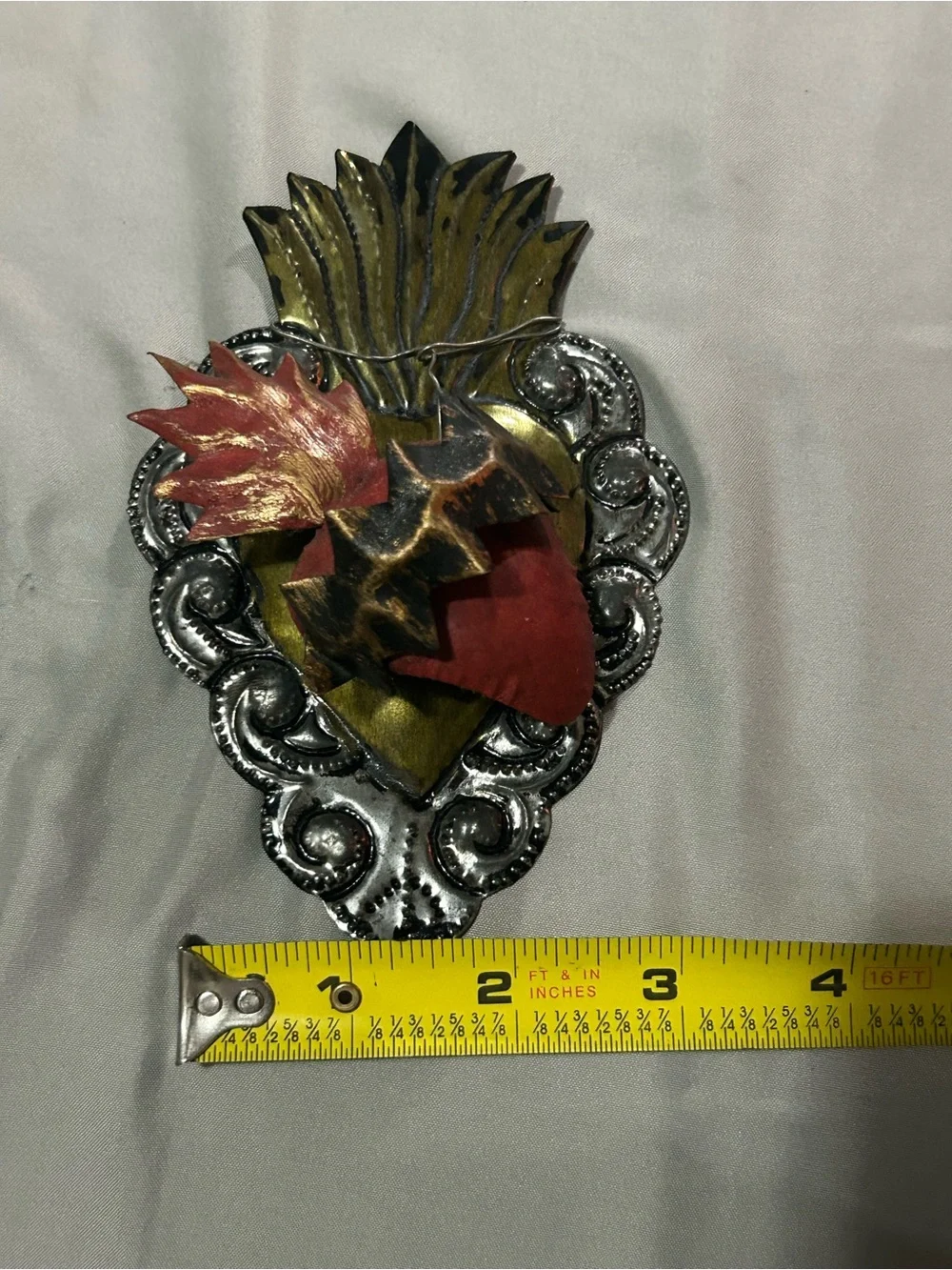Authentic Mexican Folk Art Sacred Heart Tin 3D Wall Hanger.